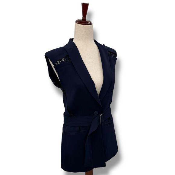 Rebecca Taylor Navy Blue Vest Size 0 XS Lace Trim Belted Suiting Sleeveless - Picture 4 of 14
